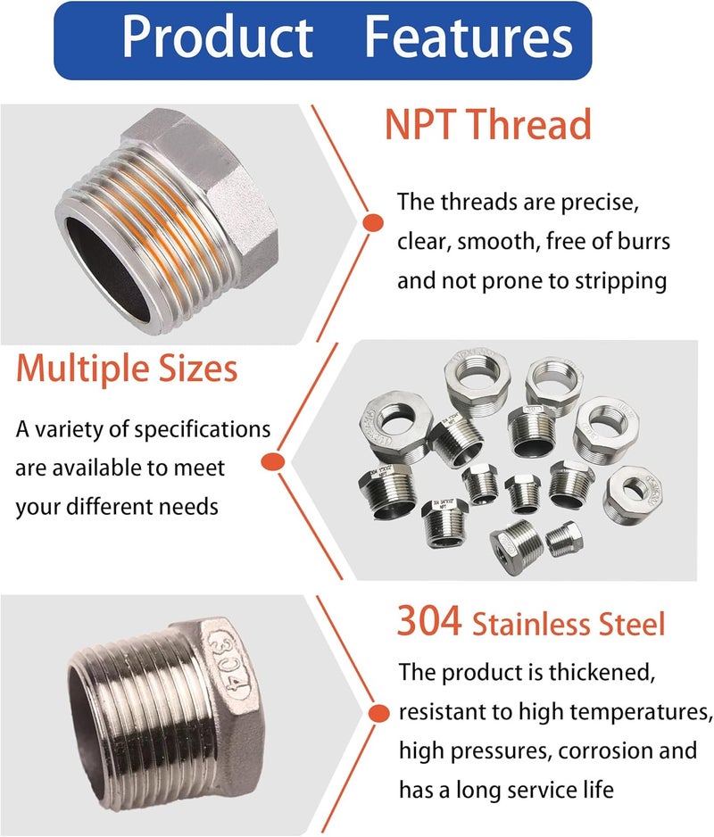POTONZ 1" Male to 1/2" Female NPT Threaded Reducer Hex Bushing 304 Stainless Steel Reducing Adapter Pipe Fitting With Teflon Plumbers Tape(Pack of 2) - Image 4